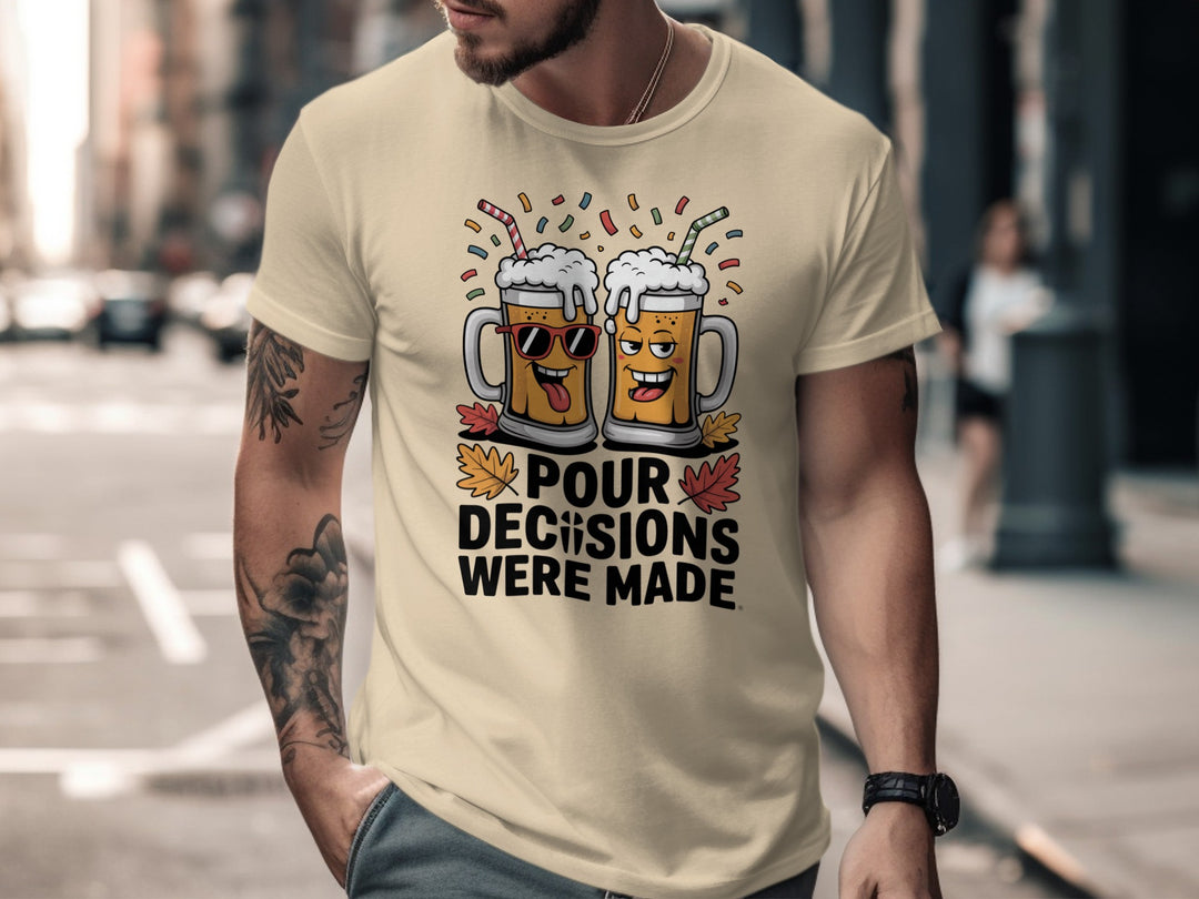 Thanksgiving men's T-shirt with cartoon beer mugs and “Pour Decisions Were Made” fall design