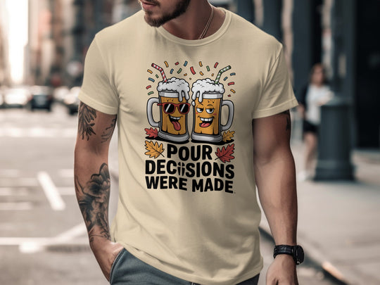 Thanksgiving men's T-shirt with cartoon beer mugs and “Pour Decisions Were Made” fall design