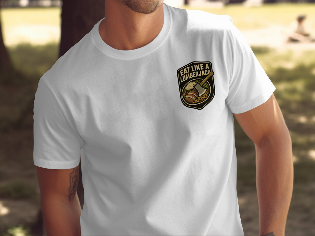 Lumberjack Thanksgiving T-shirt with axe and plate badge; “Eat Like a Lumberjack” text