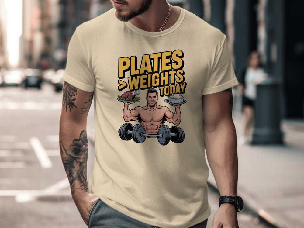 Thanksgiving men's T-shirt with bodybuilder holding turkey and mashed potatoes; “Plates > Weights Today” text