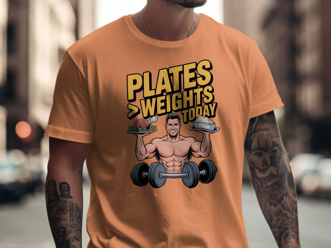 Thanksgiving men's T-shirt with bodybuilder holding turkey and mashed potatoes; “Plates > Weights Today” text
