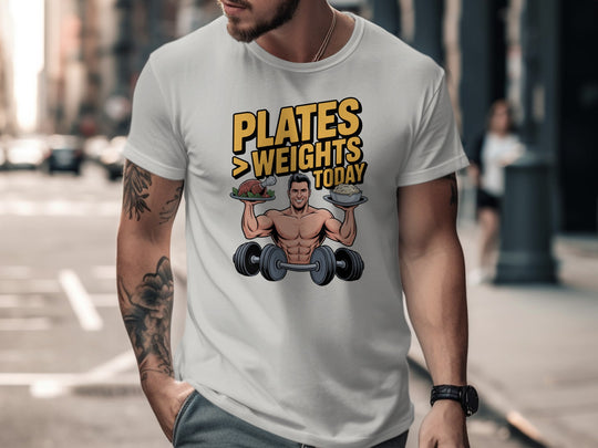 Thanksgiving men's T-shirt with bodybuilder holding turkey and mashed potatoes; “Plates > Weights Today” text