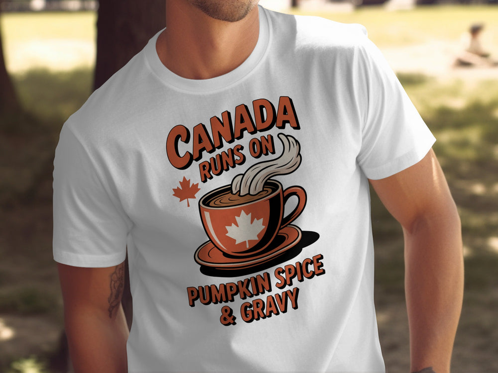 Thanksgiving men’s T-shirt with coffee cup maple leaf graphic and “Canada runs on pumpkin spice & gravy” text