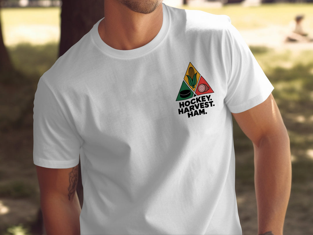 Hockey Thanksgiving men’s T-shirt with “Hockey. Harvest. Ham.” triangle corn, puck, and ham design