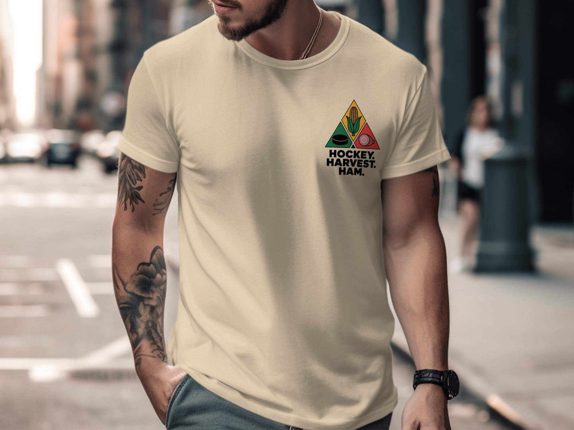 Hockey Thanksgiving men’s T-shirt with “Hockey. Harvest. Ham.” triangle corn, puck, and ham design