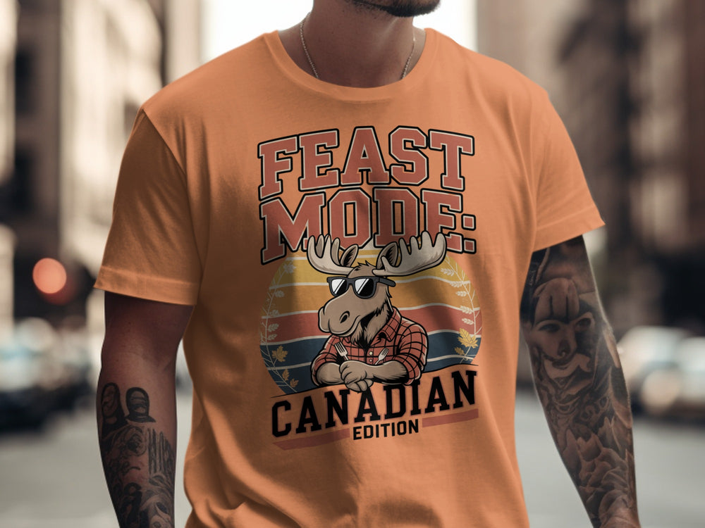 Canadian Thanksgiving T-shirt with flannel moose and “Feast Mode” retro sunset design for men