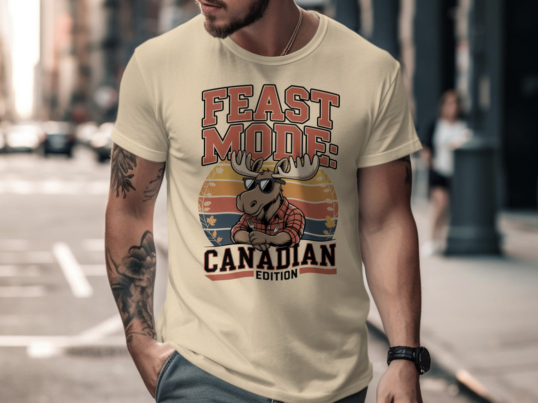 Canadian Thanksgiving T-shirt with flannel moose and “Feast Mode” retro sunset design for men