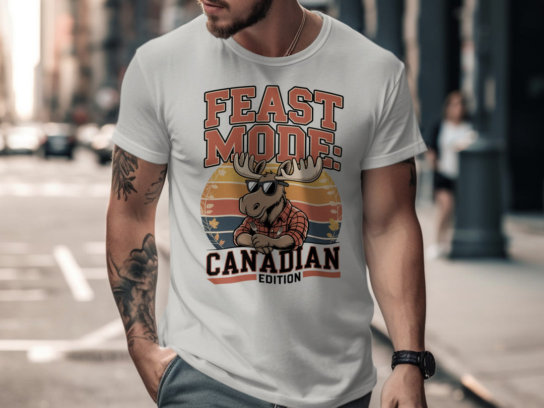 Canadian Thanksgiving T-shirt with flannel moose and “Feast Mode” retro sunset design for men