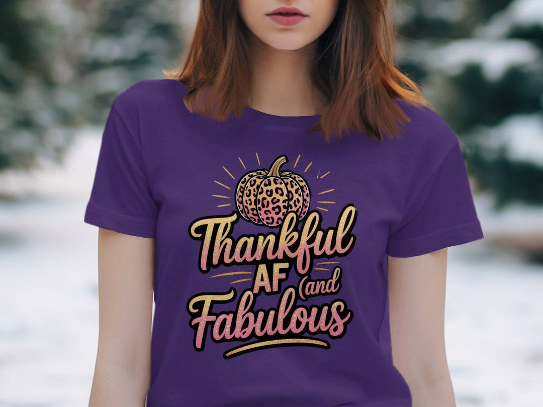 women's thanksgiving t-shirt with “thankful af and fabulous” leopard pumpkin and glitter script