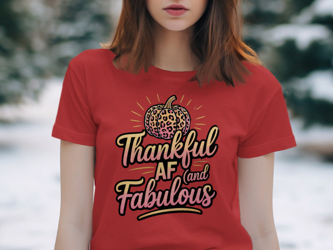 women's thanksgiving t-shirt with “thankful af and fabulous” leopard pumpkin and glitter script