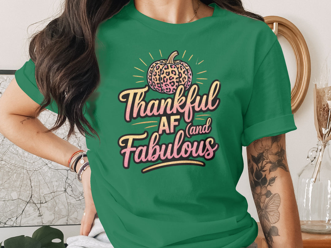 women's thanksgiving t-shirt with “thankful af and fabulous” leopard pumpkin and glitter script