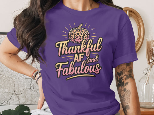 women's thanksgiving t-shirt with “thankful af and fabulous” leopard pumpkin and glitter script