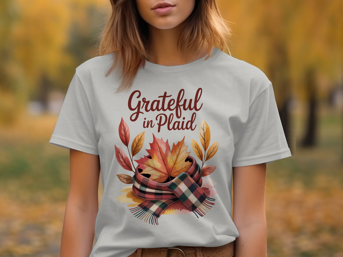 Grateful in Plaid – Cozy Women’s Thanksgiving T-Shirt