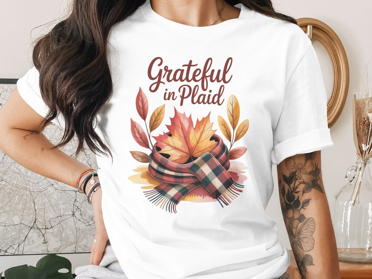 Grateful in Plaid – Cozy Women’s Thanksgiving T-Shirt