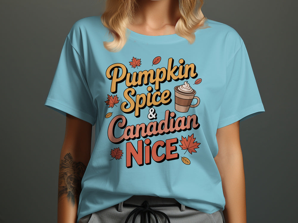 women's thanksgiving t-shirt with “pumpkin spice & canadian nice” latte and maple leaves graphic
