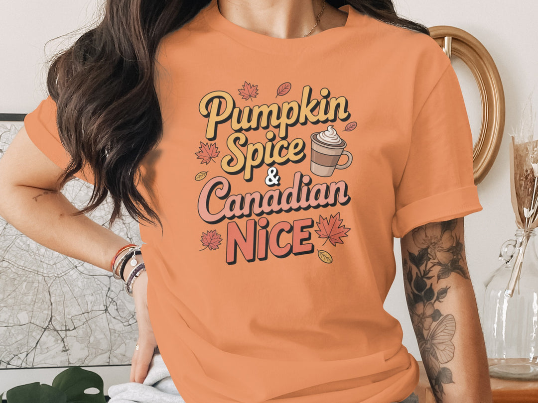 women's thanksgiving t-shirt with “pumpkin spice & canadian nice” latte and maple leaves graphic