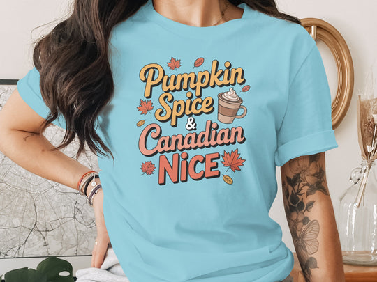 women's thanksgiving t-shirt with “pumpkin spice & canadian nice” latte and maple leaves graphic