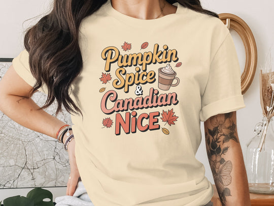 women's thanksgiving t-shirt with “pumpkin spice & canadian nice” latte and maple leaves graphic