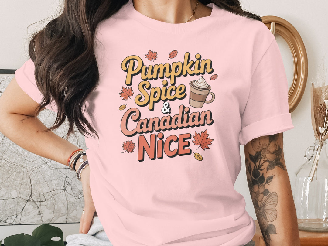 women's thanksgiving t-shirt with “pumpkin spice & canadian nice” latte and maple leaves graphic