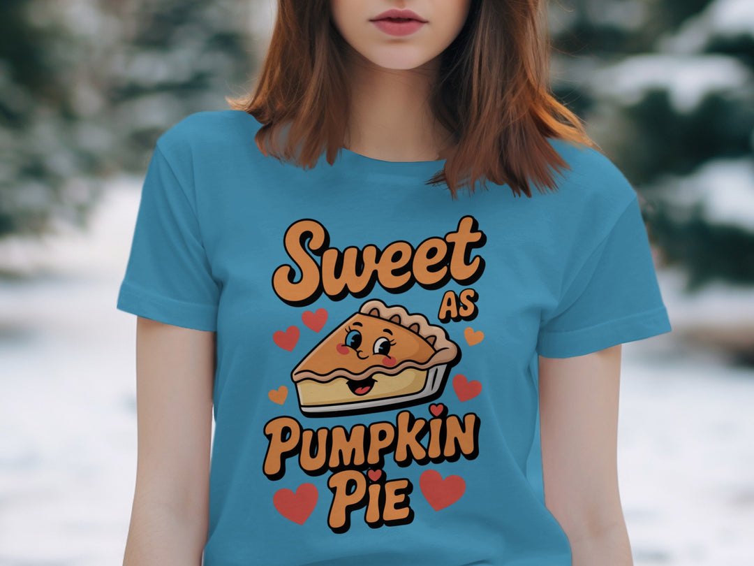 women's thanksgiving t-shirt with “sweet as pumpkin pie” smiling pie slice and hearts graphic
