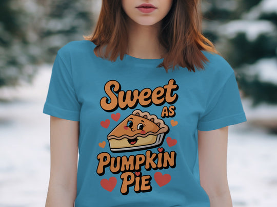 women's thanksgiving t-shirt with “sweet as pumpkin pie” smiling pie slice and hearts graphic