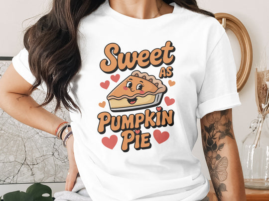 women's thanksgiving t-shirt with “sweet as pumpkin pie” smiling pie slice and hearts graphic