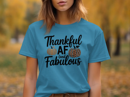 women's thanksgiving t-shirt with “thankful af and fabulous” leopard & glitter pumpkins graphic