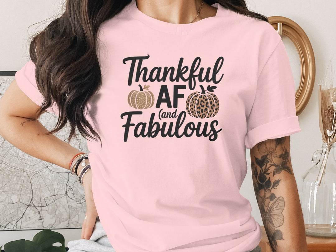 women's thanksgiving t-shirt with “thankful af and fabulous” leopard & glitter pumpkins graphic