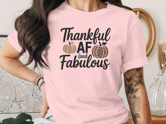 women's thanksgiving t-shirt with “thankful af and fabulous” leopard & glitter pumpkins graphic