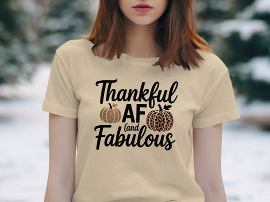 women's thanksgiving t-shirt with “thankful af and fabulous” leopard & glitter pumpkins graphic