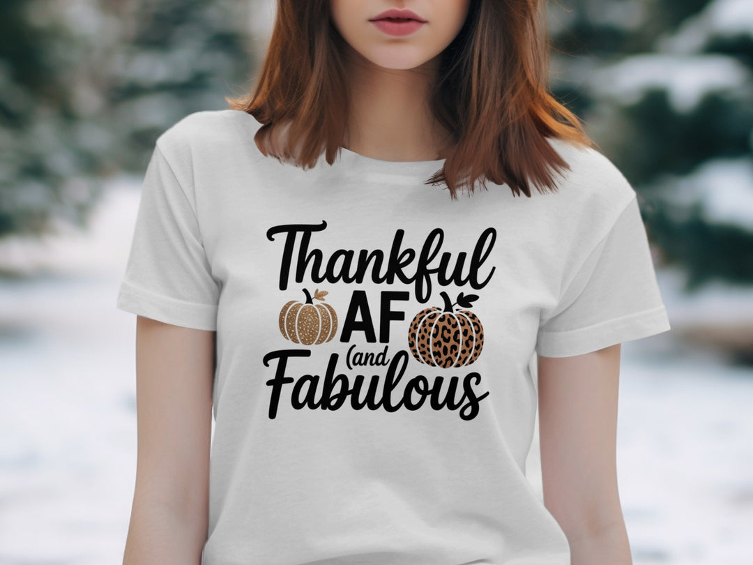 women's thanksgiving t-shirt with “thankful af and fabulous” leopard & glitter pumpkins graphic