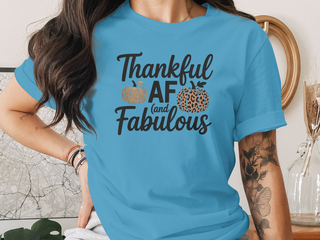 women's thanksgiving t-shirt with “thankful af and fabulous” leopard & glitter pumpkins graphic