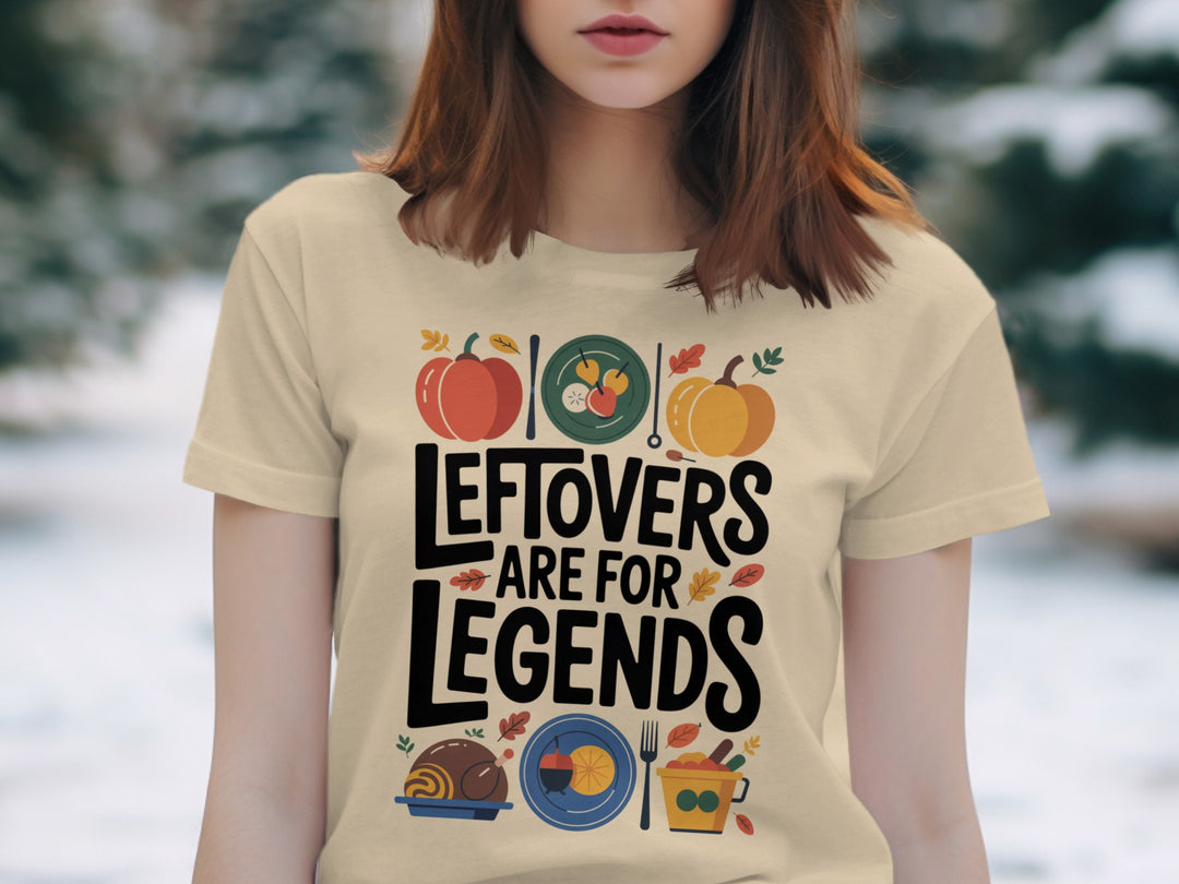 women's thanksgiving t-shirt with 'leftovers are for legends' pumpkins and feast icons graphic