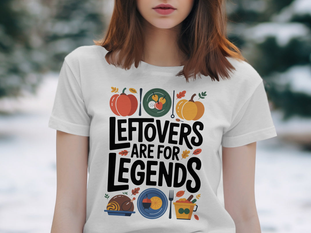women's thanksgiving t-shirt with 'leftovers are for legends' pumpkins and feast icons graphic