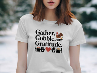 Women’s Thanksgiving T-Shirt – Gather Gobble Gratitude