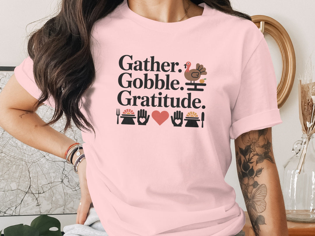 women’s thanksgiving t-shirt with “gather gobble gratitude” turkey and pies graphic
