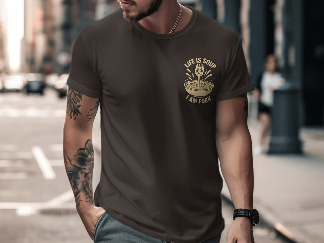 funny men's t-shirt with “life is soup i am fork” quote and sad fork in soup bowl graphic