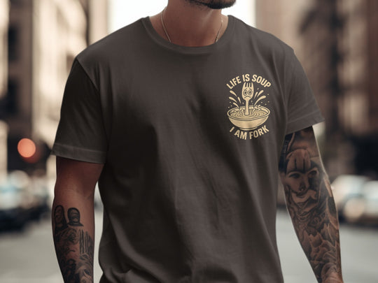 funny men's t-shirt with “life is soup i am fork” quote and sad fork in soup bowl graphic