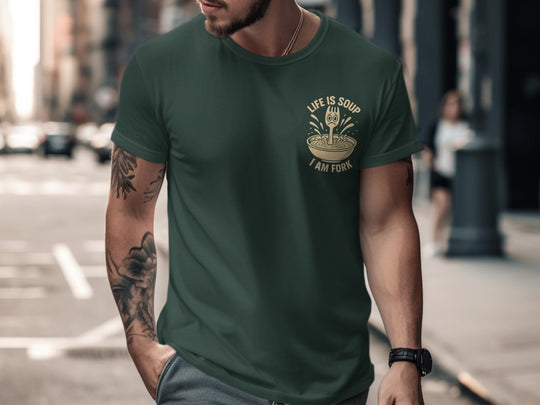 funny men's t-shirt with “life is soup i am fork” quote and sad fork in soup bowl graphic