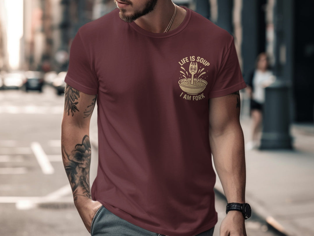 funny men's t-shirt with “life is soup i am fork” quote and sad fork in soup bowl graphic