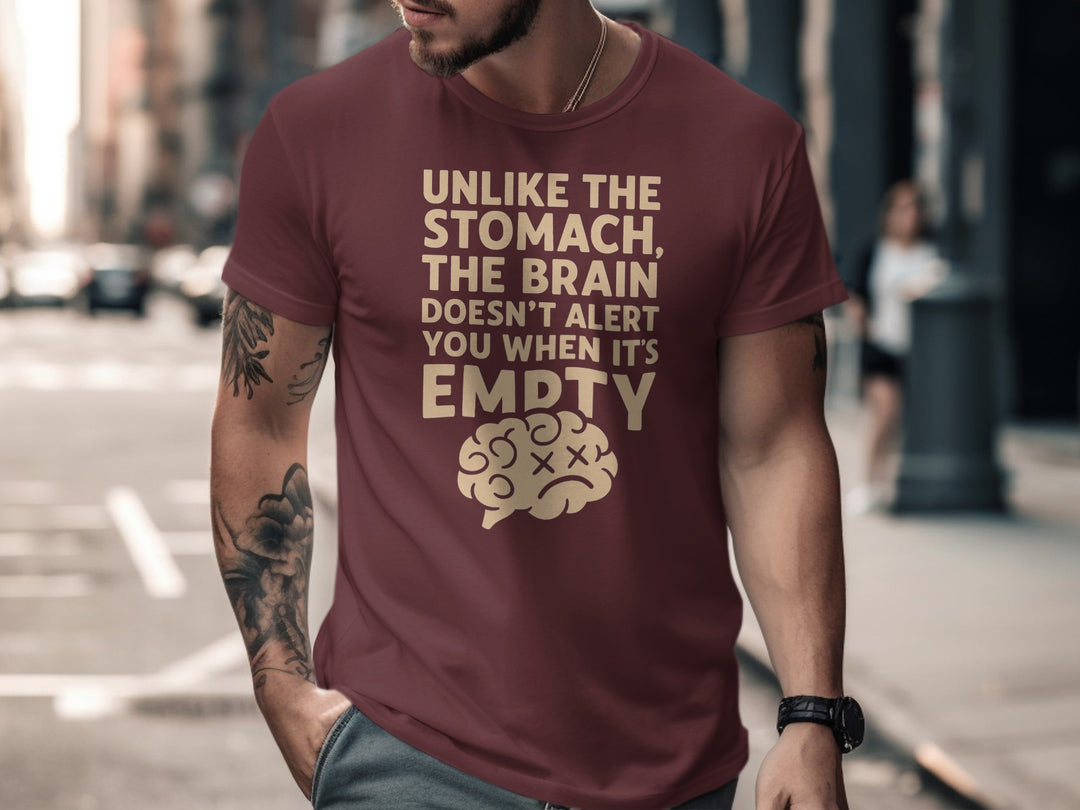 funny men's t-shirt with “brain empty” quote and cartoon brain graphic