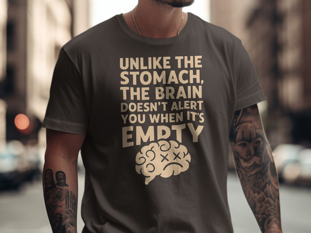 funny men's t-shirt with “brain empty” quote and cartoon brain graphic