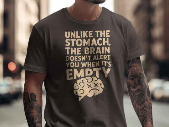funny men's t-shirt with “brain empty” quote and cartoon brain graphic