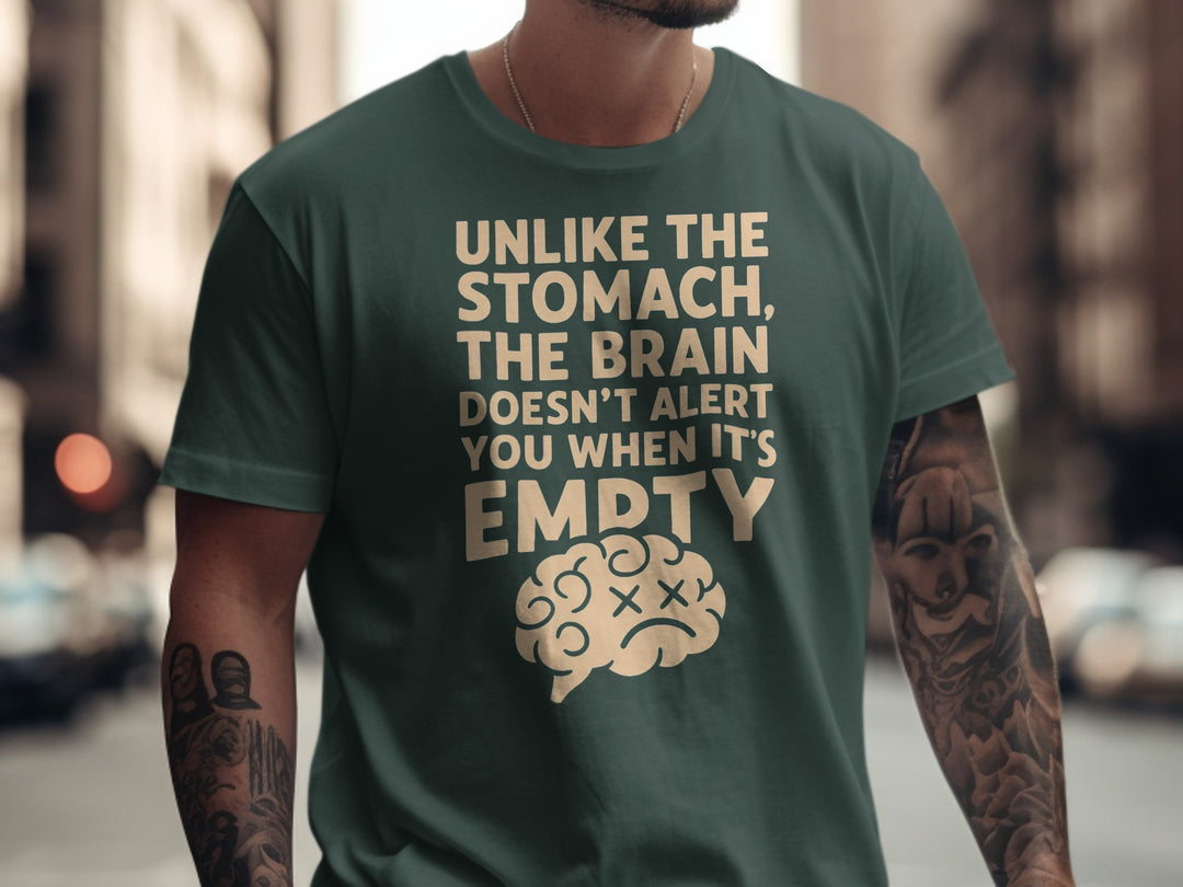 funny men's t-shirt with “brain empty” quote and cartoon brain graphic
