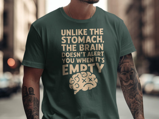 funny men's t-shirt with “brain empty” quote and cartoon brain graphic