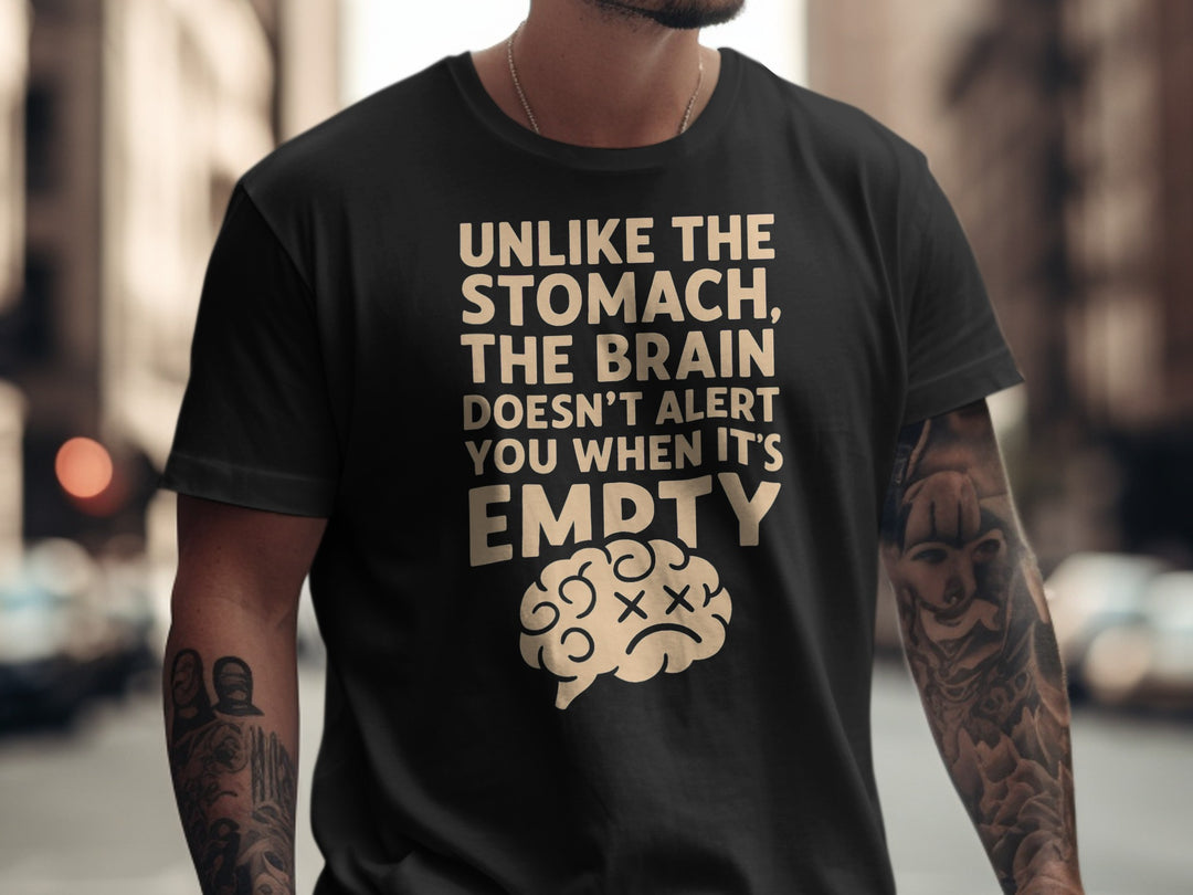 funny men's t-shirt with “brain empty” quote and cartoon brain graphic
