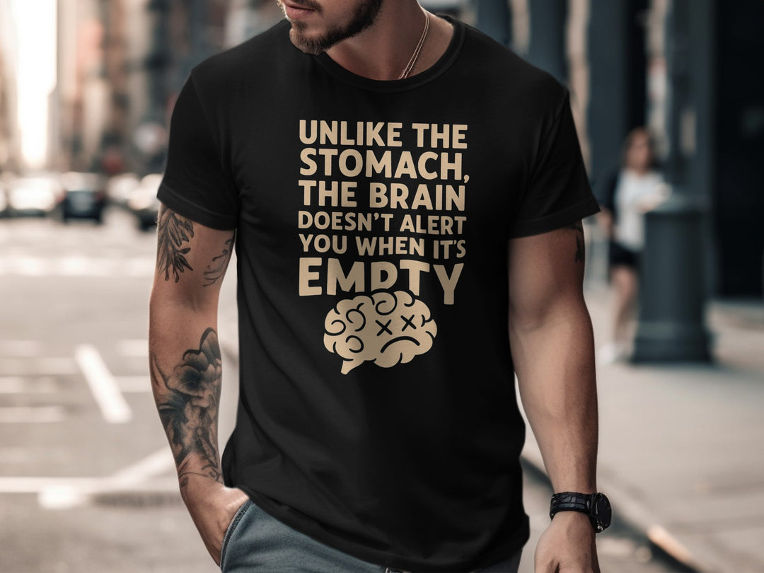 funny men's t-shirt with “brain empty” quote and cartoon brain graphic