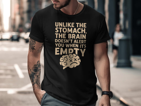 funny men's t-shirt with “brain empty” quote and cartoon brain graphic