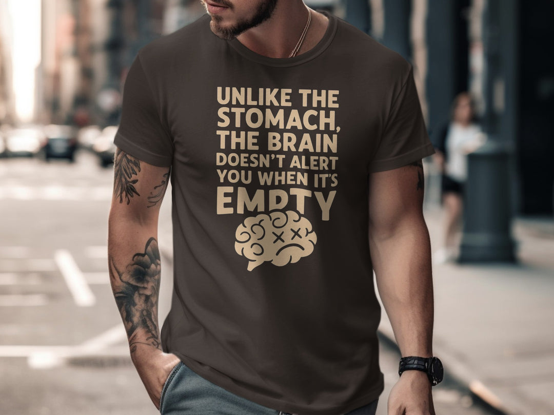 funny men's t-shirt with “brain empty” quote and cartoon brain graphic