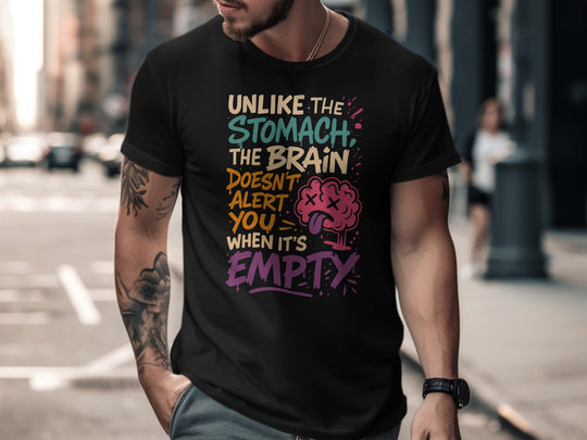 funny men's t-shirt with 'brain empty' quote and cartoon brain graphic